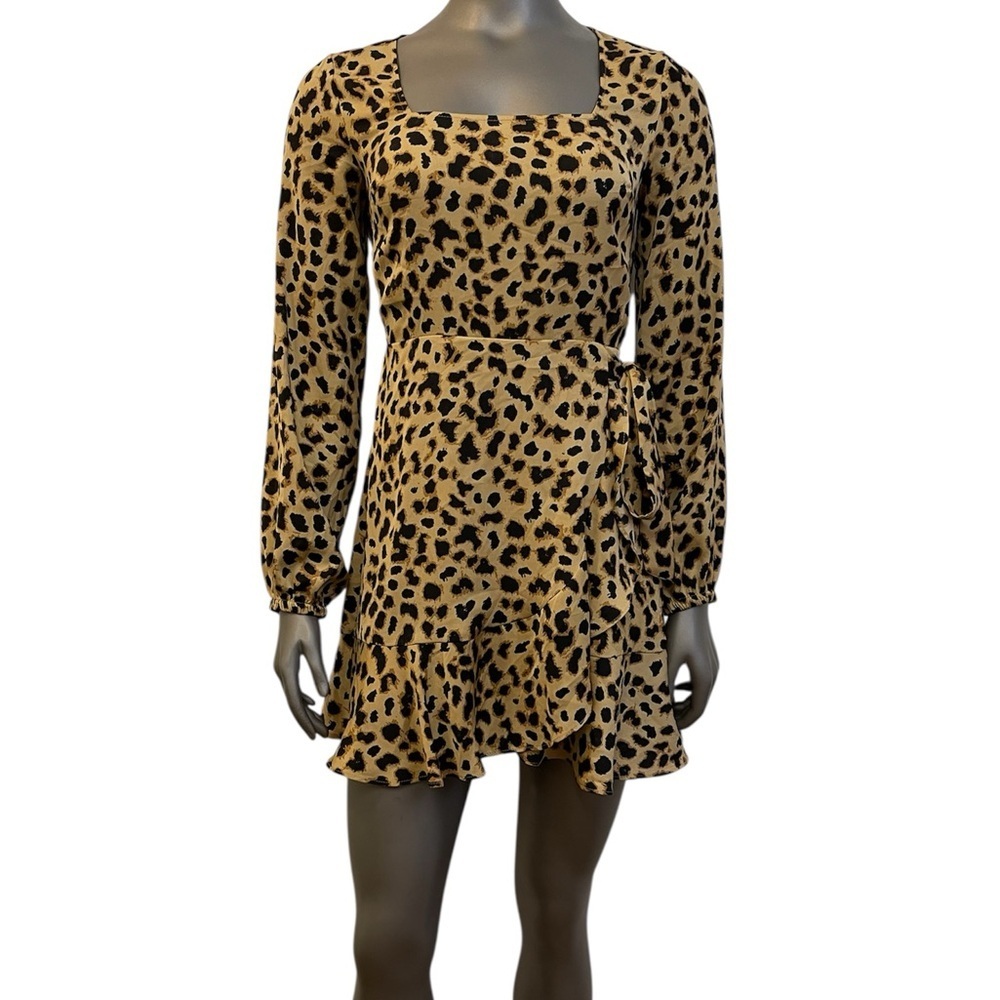 Express Dress Women’s S Leopard Print Mini Ruffled Wrap Long Sleeve Short Office